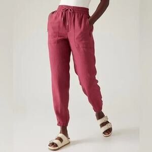ATHLETA | Red 100% Linen Pull-On Drawstring Retreat Joggers Zip Pockets Size 10